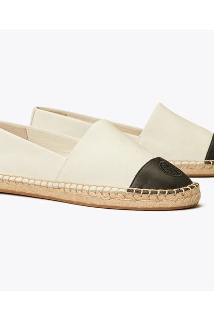 TORY BURCH Cap Toe Espadrilles White and Black Flat Leather Slip On Women's 6M