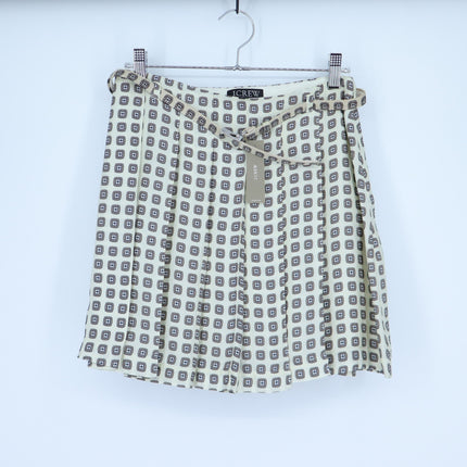 J. Crew Pleated Prep Skirt Ivory Foulard Print NWT Belted Satin Women's 00