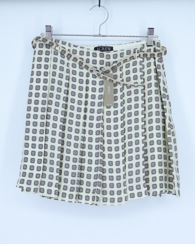 J. Crew Pleated Prep Skirt Ivory Foulard Print NWT Belted Satin Women's 00