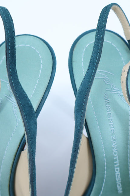 GIUSEPPE ZANOTTI Swarovski Gemmed Slingback Heel Teal Suede Women's 38.5/US 8.5