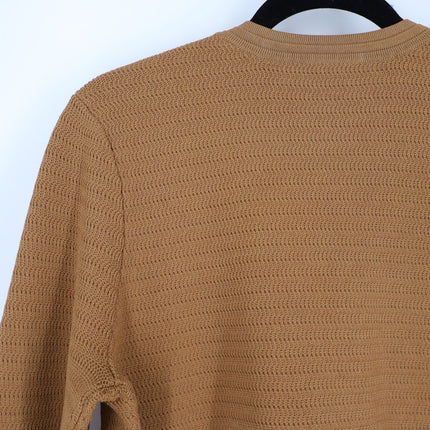 ST. JOHN Racking Stitch Knit Cardigan Tan Front Pockets Button Up Women's L
