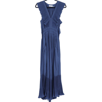 RAMY BROOK Camden Ruffle Maxi Dress Navy Blue Accordion Pleat V Neck Women's M