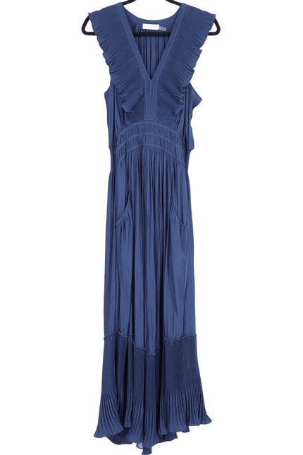 RAMY BROOK Camden Ruffle Maxi Dress Navy Blue Accordion Pleat V Neck Women's M