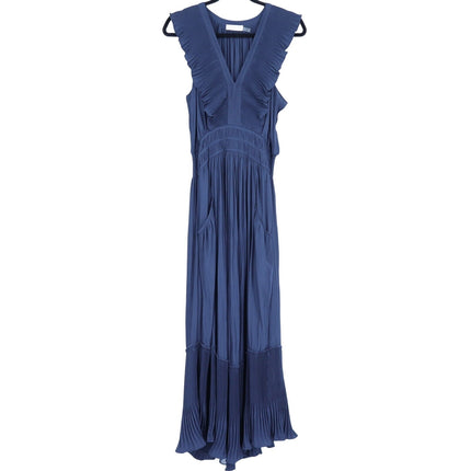 RAMY BROOK Camden Ruffle Maxi Dress Navy Blue Accordion Pleat V Neck Women's M