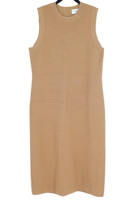 ST. JOHN Purl Knit Midi Sheath Dress Beige Sleeveless Gold Buttons Women's L