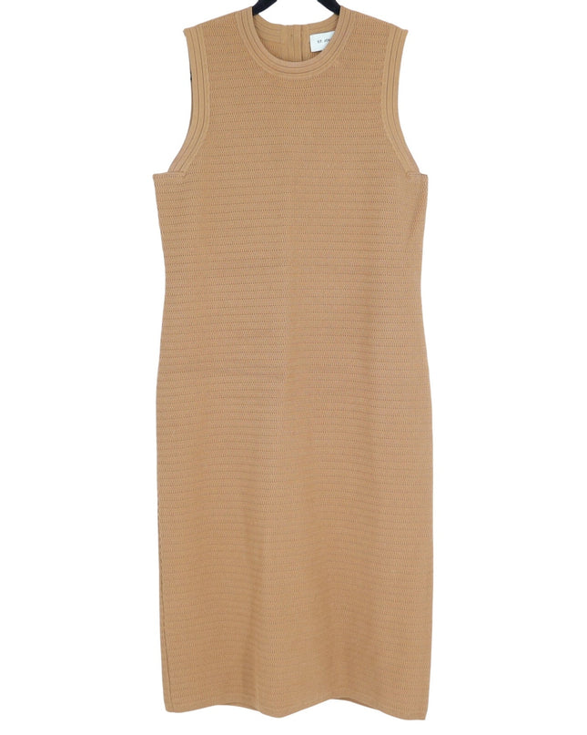 ST. JOHN Purl Knit Midi Sheath Dress Beige Sleeveless Gold Buttons Women's L