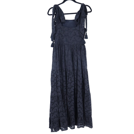 Mille Floral Eyelet Maxi Dress Black NWT Cotton Tasseled Tie Strap Women's XXS