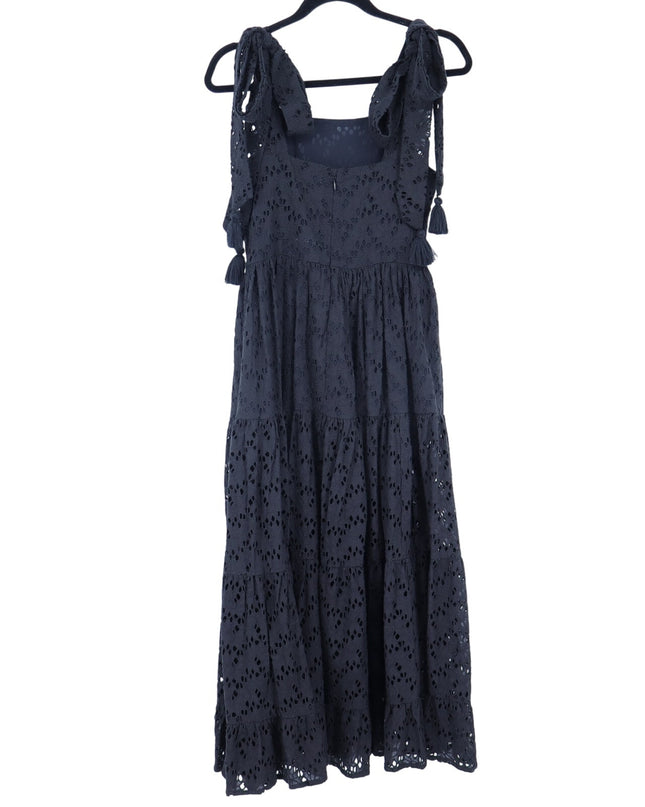 Mille Floral Eyelet Maxi Dress Black NWT Cotton Tasseled Tie Strap Women's XXS