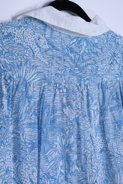 MISS JUNE Mona Button Up Blouse Blue Printed Cotton Short Sleeve Women's S/M