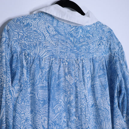 MISS JUNE Mona Button Up Blouse Blue Printed Cotton Short Sleeve Women's S/M