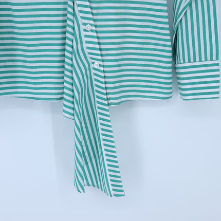 Veronica Beard Claude Button Up Blouse Green White Stripe Asymmetric Women's L