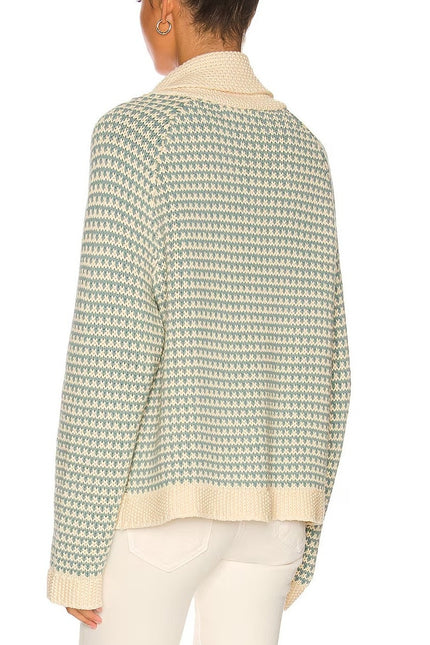 THE GREAT. Minicheck Lodge Cardigan Sweater Morning Sky Open Front Women's 0 XS