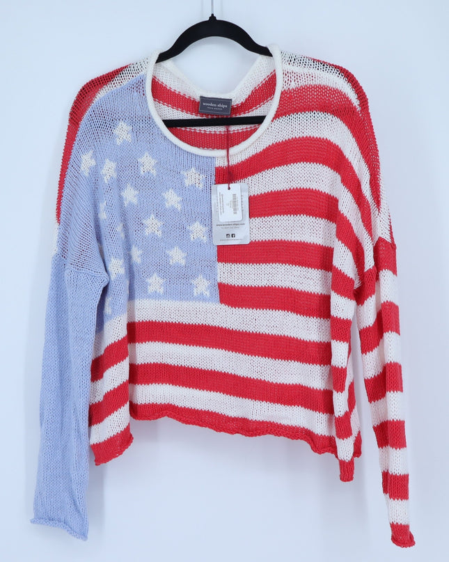 Wooden Ships USA Flag Cropped Pullover Sweater NWT Crew Neck Women's S/M