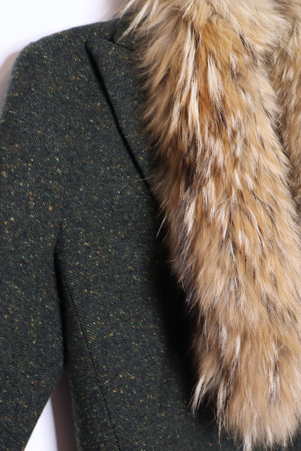 THEORY Tweed Blazer Olive Green Removable Rabbit Fur Collar Jacket Women's 8