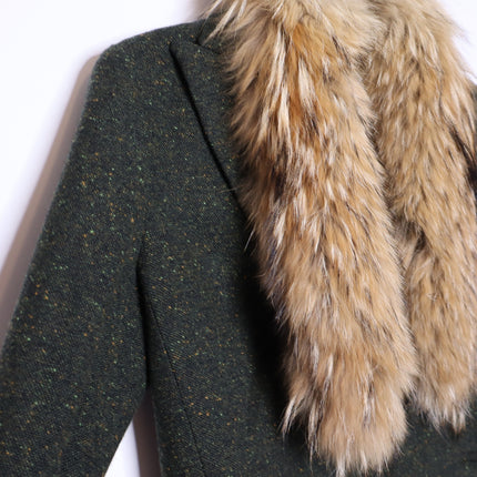 THEORY Tweed Blazer Jacket NWOT Olive Green Removable Rabbit Fur Collar Women's 8