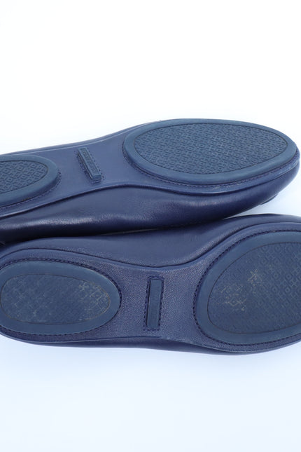 TORY BURCH Reva Flats Navy Blue Leather Slip On Travel Ballet Shoe Women's 6.5