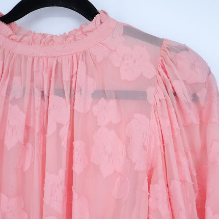 ULLA JOHNSON Sandrine Blouse Pink Floral Jacquard Long Sleeve Women's 10