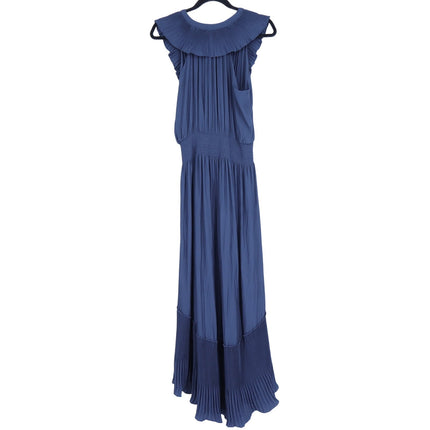 RAMY BROOK Camden Ruffle Maxi Dress Navy Blue Accordion Pleat V Neck Women's M