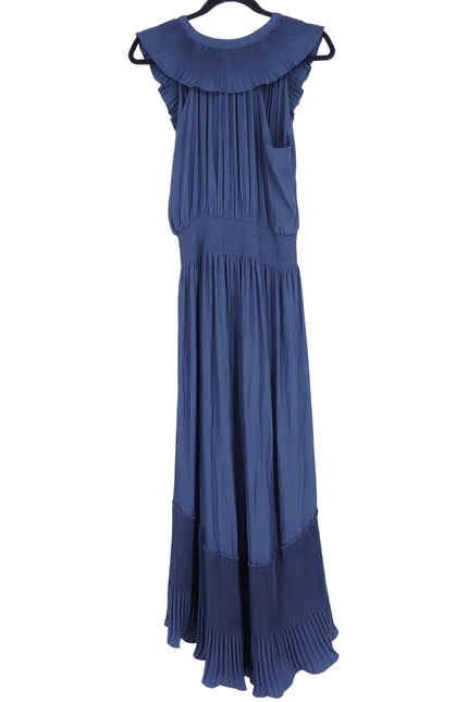 RAMY BROOK Camden Ruffle Maxi Dress Navy Blue Accordion Pleat V Neck Women's M