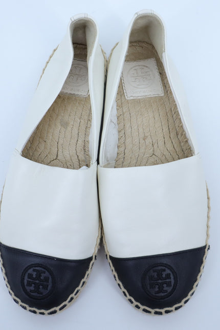 TORY BURCH Cap Toe Espadrilles White and Black Flat Leather Slip On Women's 6M