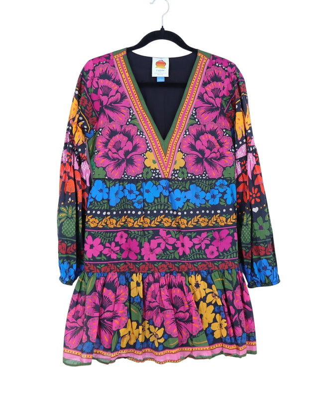 Farm Rio Puff Sleeve Tunic Mini Dress Black Multi V Neck Pullover Women's S