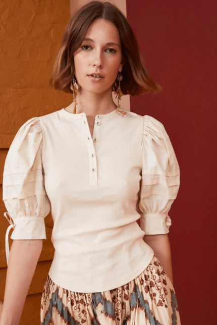 ULLA JOHNSON NWT Iman Poplin Sleeve Top Cream Henley Ribbed Women's P/US 0-00