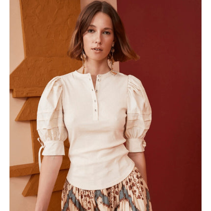ULLA JOHNSON Iman Poplin Sleeve Top NWT Cream Henley Ribbed Women's P/US 0-00