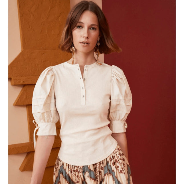 ULLA JOHNSON Iman Poplin Sleeve Top NWT Cream Henley Ribbed Women's P/US 0-00
