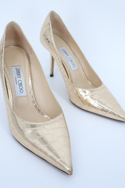 JIMMY CHOO Romy 85 Snake Embossed Pumps Champagne Metallic Women's 38.5/US 8.5