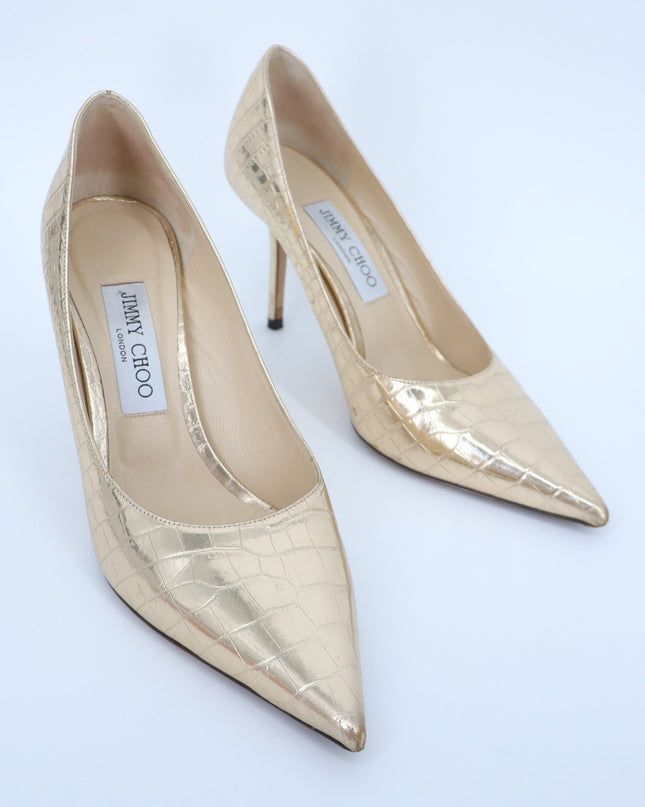 JIMMY CHOO Romy 85 Snake Embossed Pumps Champagne Metallic Women's 38.5/US 8.5