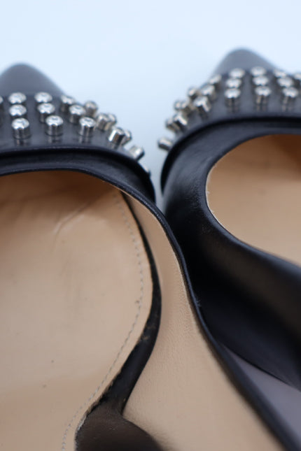 MARION PARKE CZ Studded Pumps Black Leather Pointed Toe Heel Women's 38.5/US 8.5