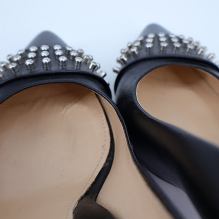 MARION PARKE CZ Studded Pumps Black Leather Pointed Toe Heel Women's 38.5/US 8.5