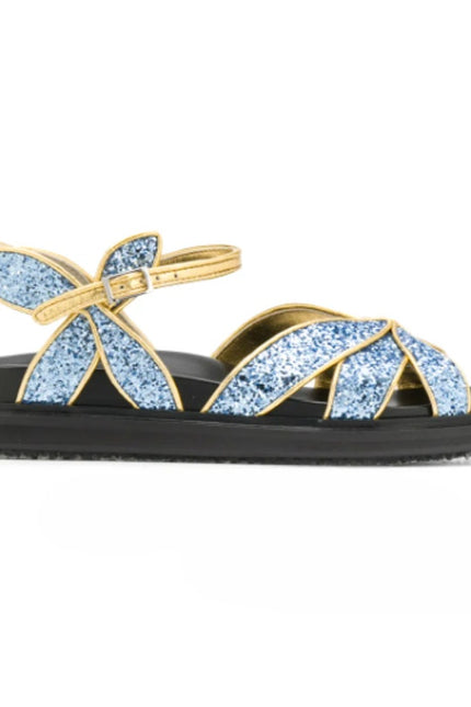 MARNI Flat Glitter Sandals Blue and Gold Butterfly Ankle Strap Women's 38/US 8