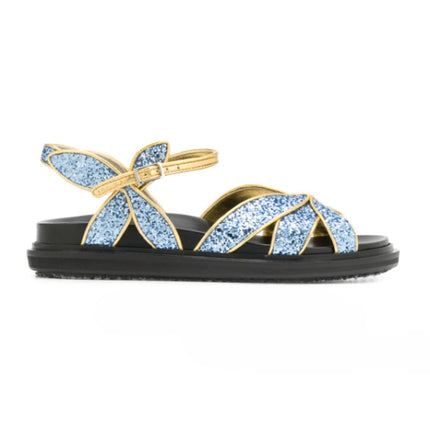 MARNI Flat Glitter Sandals Blue and Gold Butterfly Ankle Strap Women's 38/US 8