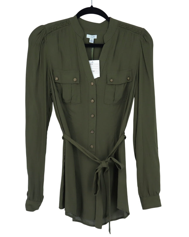 Odille Facile Camp Shirt Olive Green Belted Popover Tunic Long Sleeve Women's 4