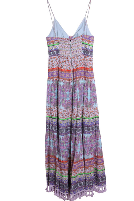 ALICE + OLIVIA Minka Tassel Fringe Maxi Dress Ritzy Multi Tie Front Women's 8