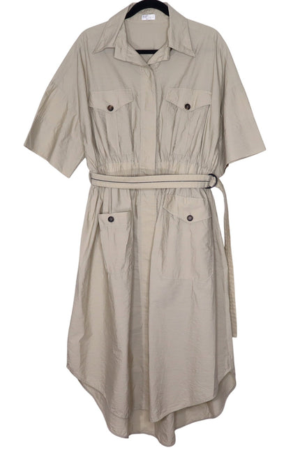 BRUNELLO CUCINELLI Belted Safari Shirtdress Khaki Short Sleeve Women's XL/US 10