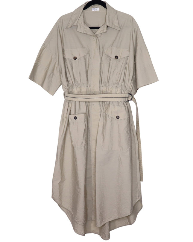 BRUNELLO CUCINELLI Belted Safari Shirtdress Khaki Short Sleeve Women's XL/US 10