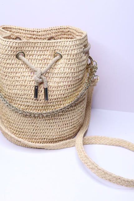 PACO RABANNE Natural Raffia Bucket Bag Gold Chain Link Top Handle Crossbody Bag