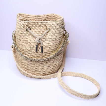 PACO RABANNE Natural Raffia Bucket Bag Gold Chain Link Top Handle Crossbody Bag