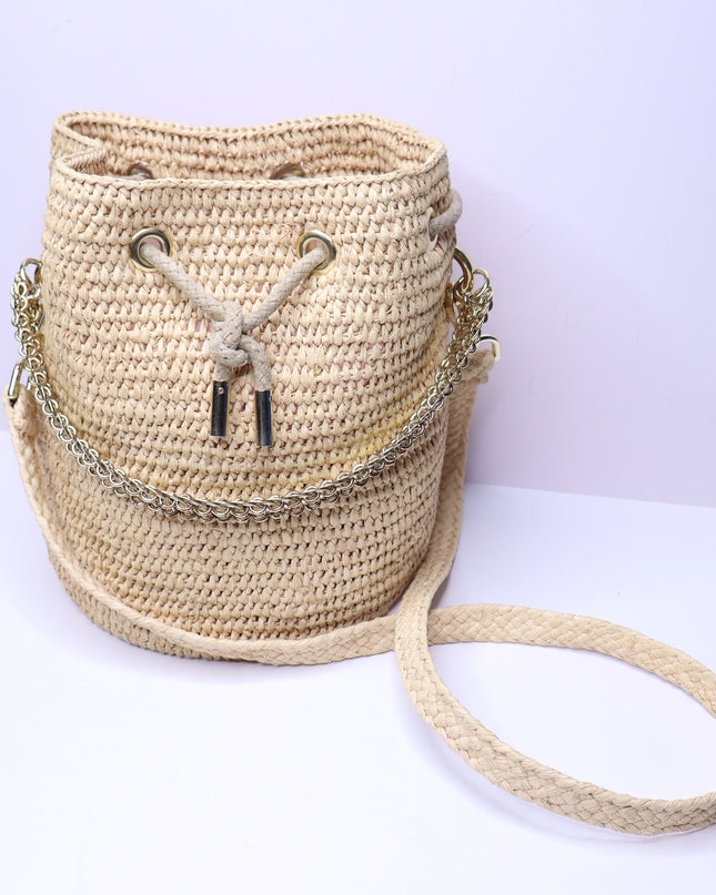 PACO RABANNE Natural Raffia Bucket Bag Gold Chain Link Top Handle Crossbody Bag