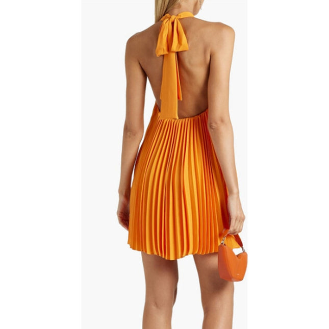ALICE + OLIVIA Halterneck Sunburst Pleated Mini Dress Orange NWT Women's M