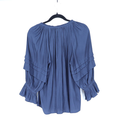 Ramy Brook Randi Puff Sleeve Top Navy Blue Split Tie Neck Satin Women's M