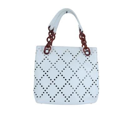 Chanel 2003 Perforated Caviar Leather Tote Bag White with Amber Chain y2k
