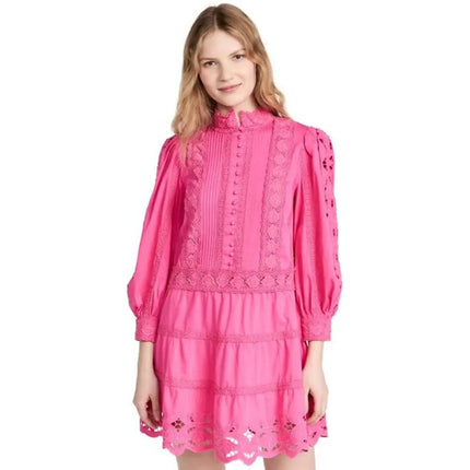 Alice + Olivia Clark Mini Dress French Rose Pink Embroidered Tiered Women's 12