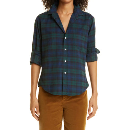 Frank & Eileen Barry Cotton Shirt Navy Green Plaid Button Up Blouse Women's XS