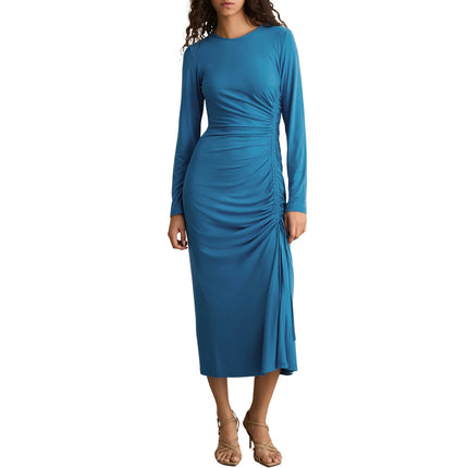 REISS Rosie Long Sleeve Maxi Dress Blue Side Ruching Women's 8