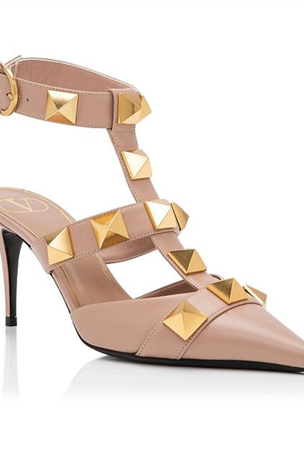VALENTINO Roman Stud Leather Heeled Sandal Blush Pink Pointed Toe Women's 36