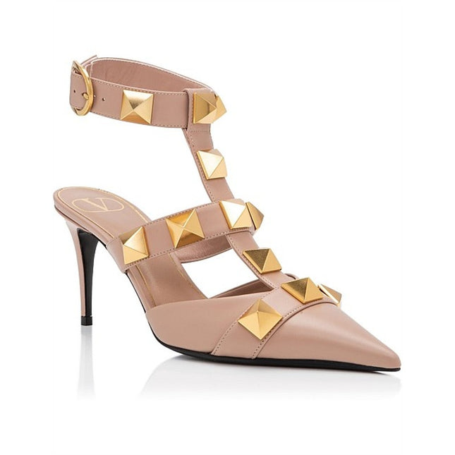 VALENTINO Roman Stud Leather Heeled Sandal Blush Pink Pointed Toe Women's 36