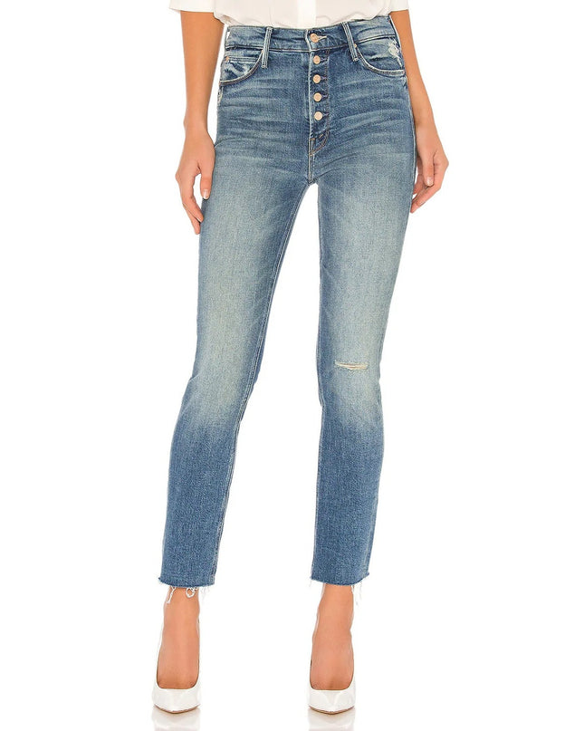 Mother Pixie Dazzler Ankle Fray Jeans Blue Popism Mid Rise Button Fly Women's 24